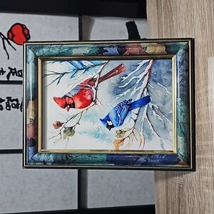 Framed 5x7 Blue Jay Red Cardinal Snow Birds Watercolor Painting Print